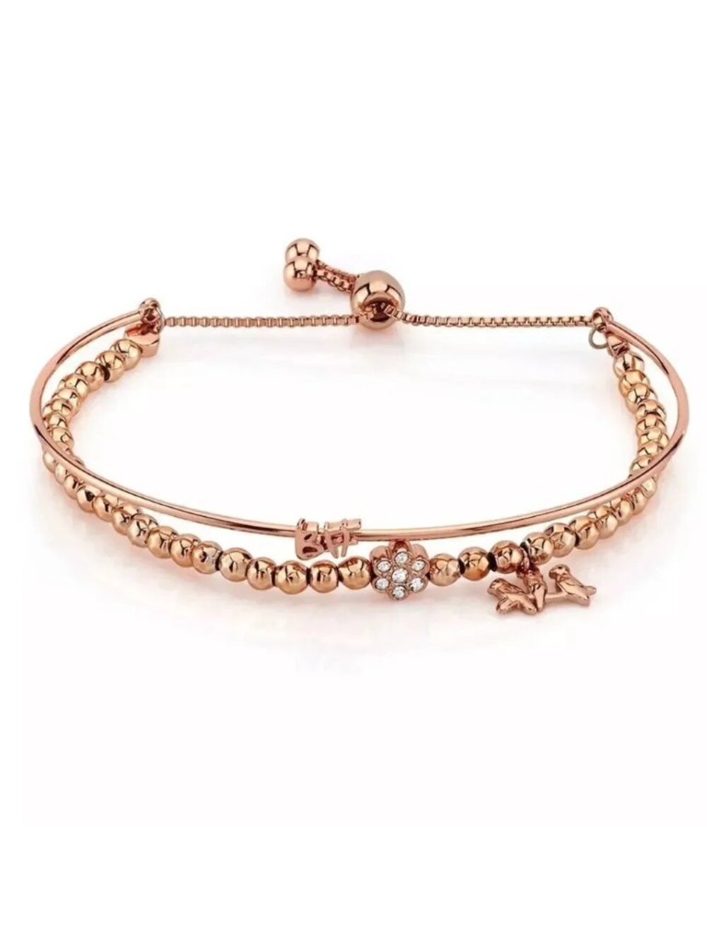NWT Best Friends Rose Gold Tone Silver P "BFF" Bird Crystal Charm  Bracelet NWT